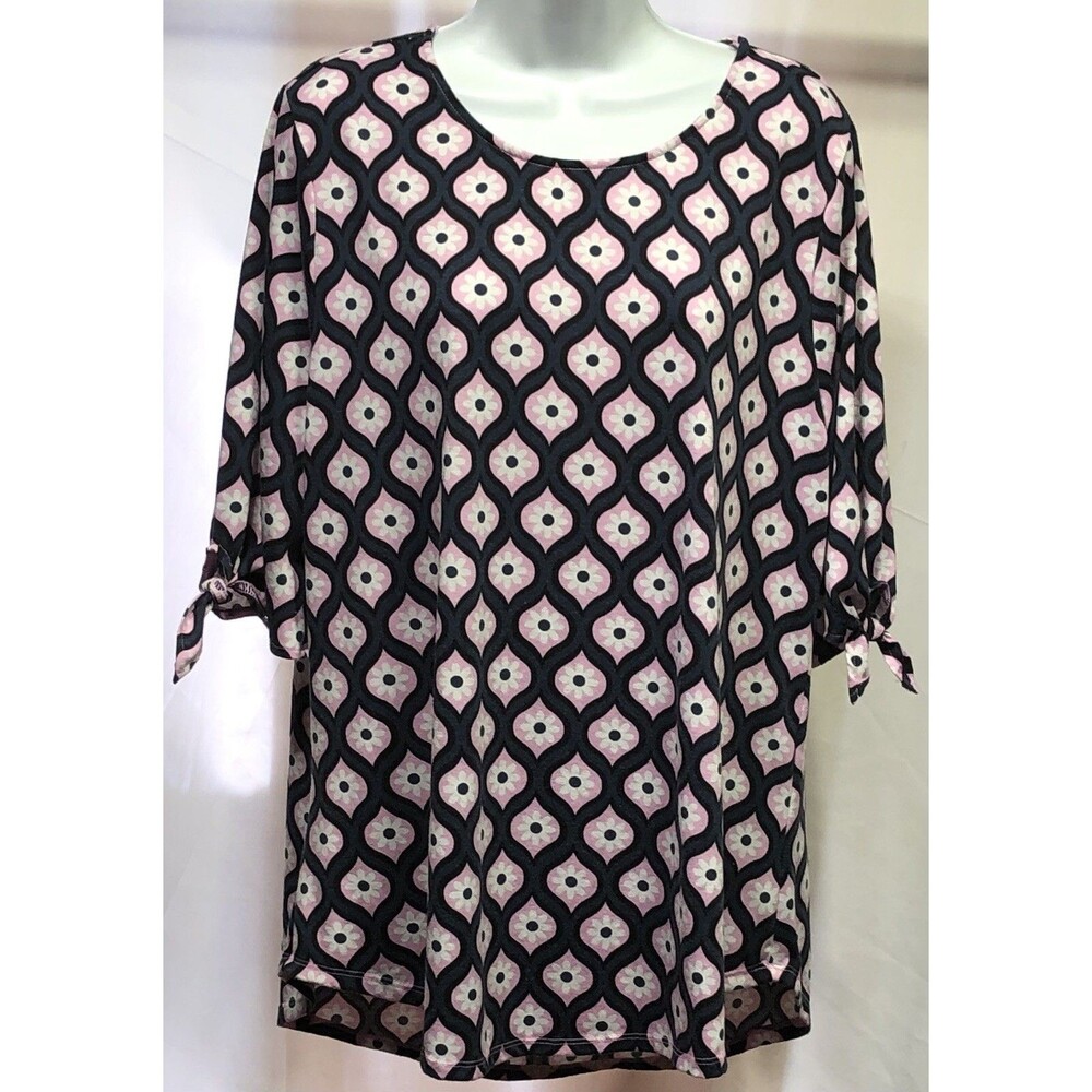 West Loop Jersey Top XL Blue Pink Geo Tie Accents Short Sleeve boho Cottage